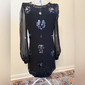 1990’s French Connection Black Silk Mini Dress with Floral Sequin Accents